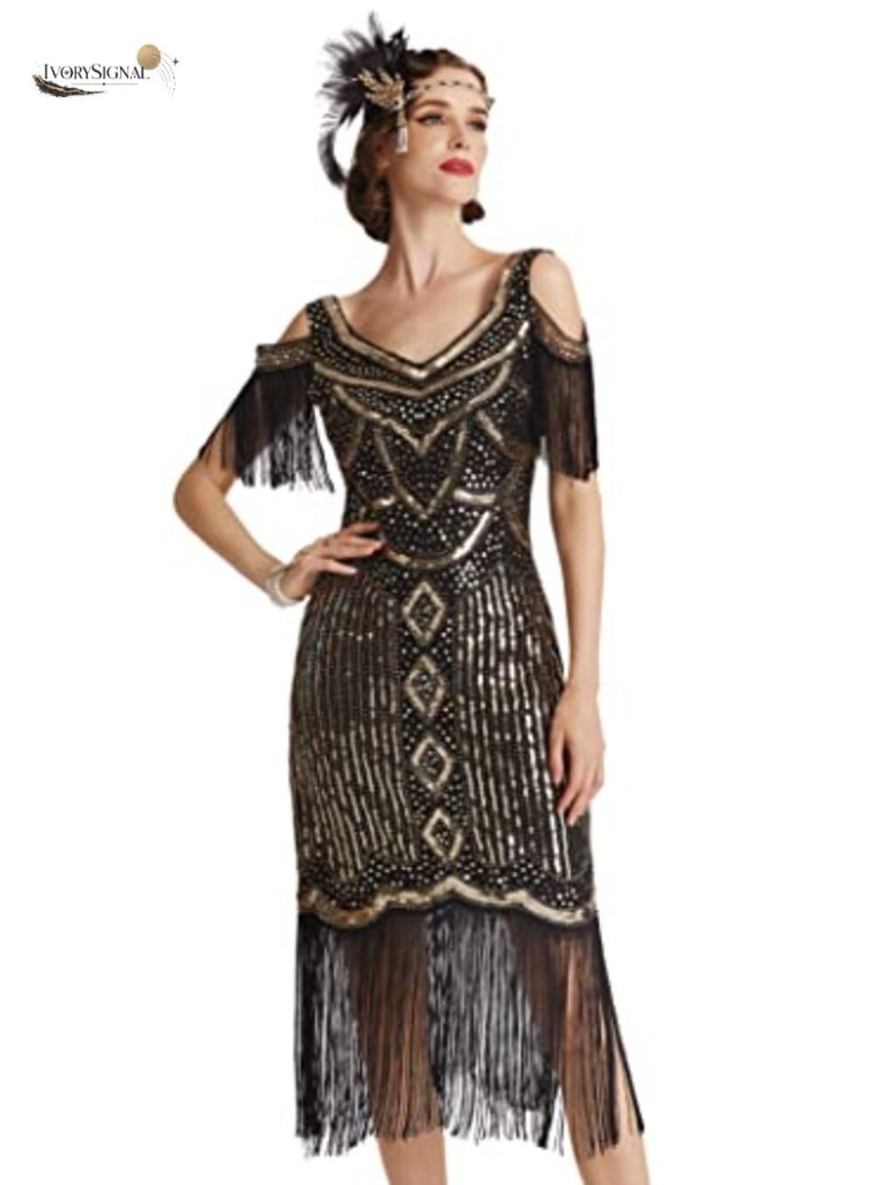1920s Flapper Dress V-Neck Sequins Beaded Fringe Hem Party Costume